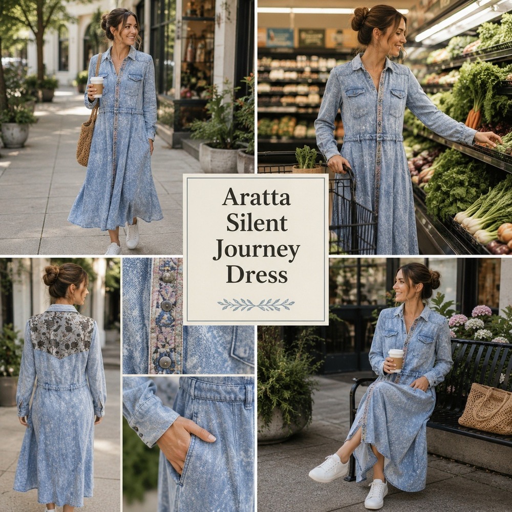 Aratta Silent Journey Denim Duster Dress Floral Tapestry Back Acid Wash Blue L